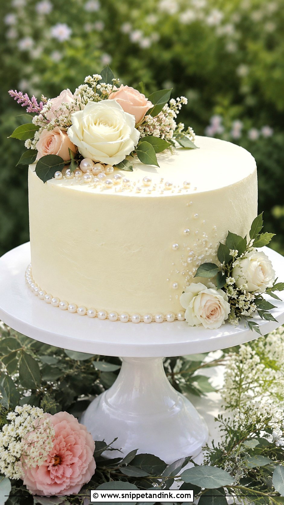 One Tier Pearl Wedding Cake With Fresh Flowers - Snippet and Ink - 20 One Tier Pearl Wedding Cake Ideas