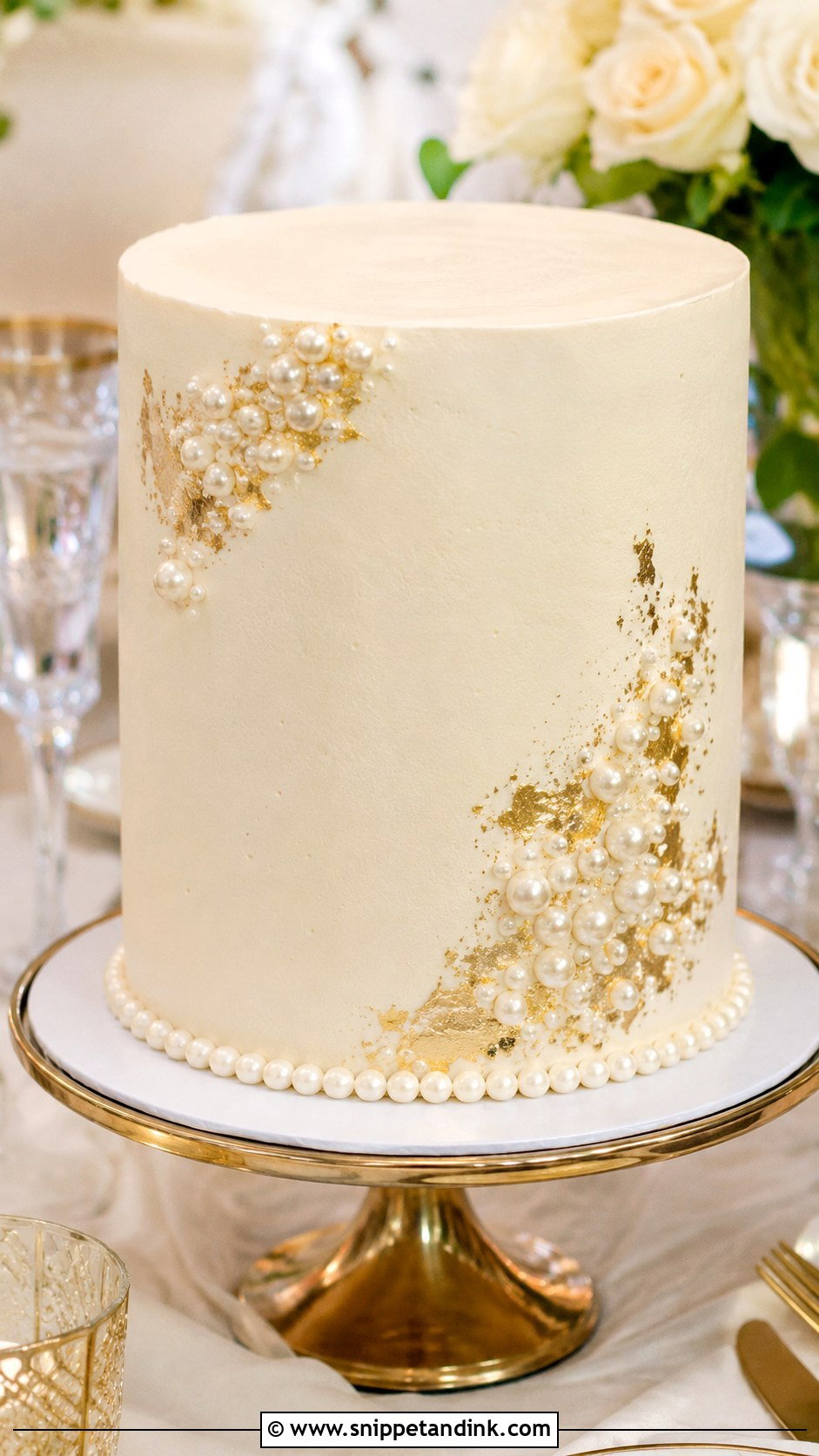 One Tier Pearl Wedding Cake With Gold Accents - Snippet and Ink - 20 One Tier Pearl Wedding Cake Ideas