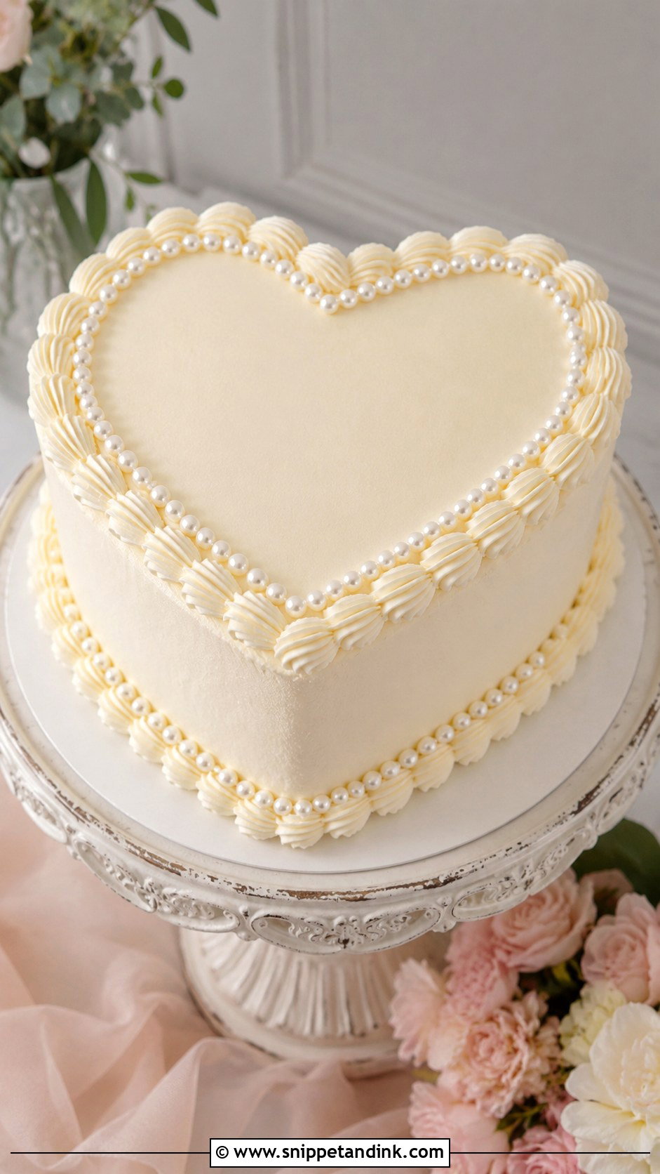 One Tier Pearl Wedding Cake With Heart Shape - Snippet and Ink - 20 One Tier Pearl Wedding Cake Ideas