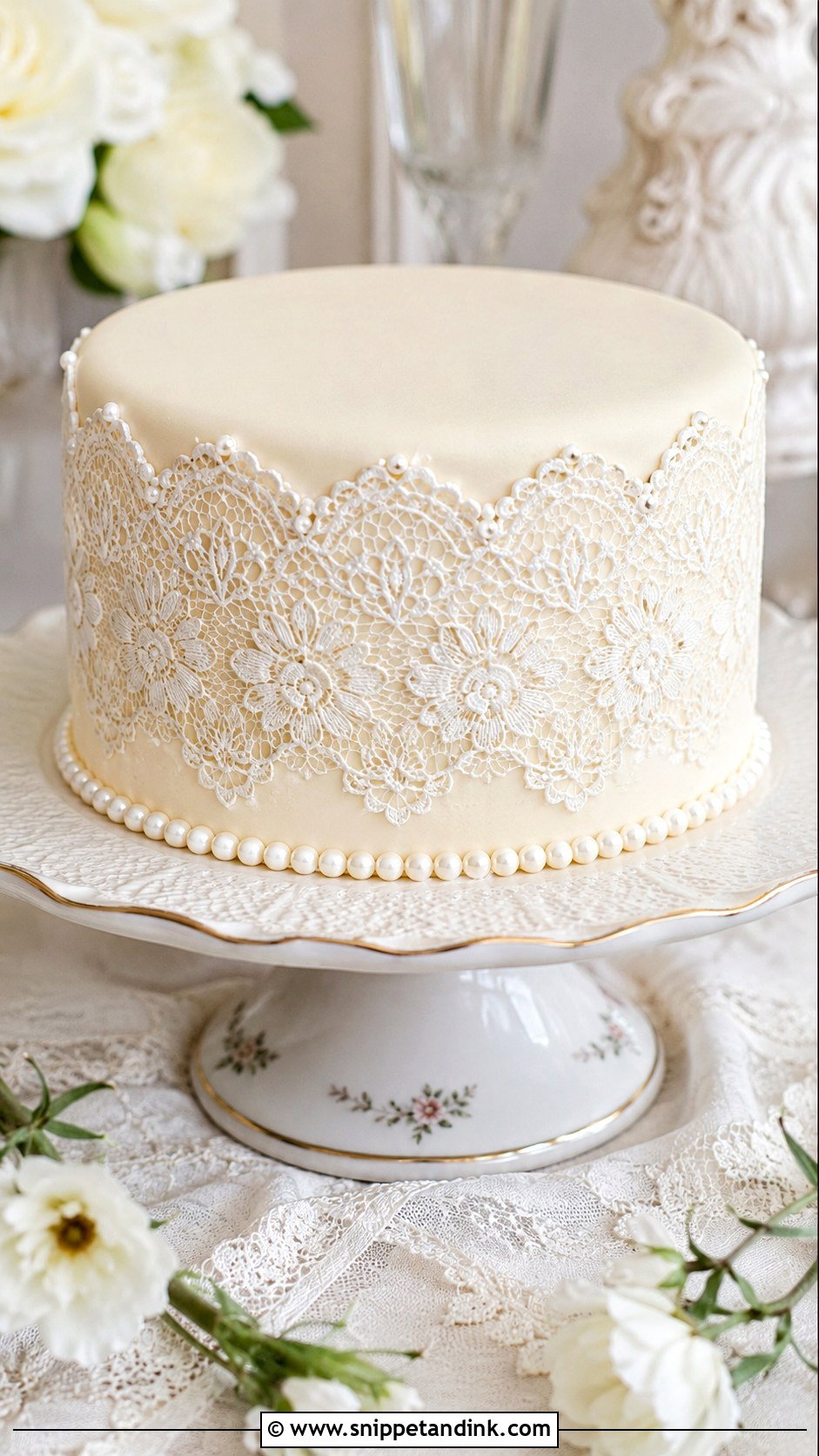 One Tier Pearl Wedding Cake With Lace Detail - Snippet and Ink - 20 One Tier Pearl Wedding Cake Ideas