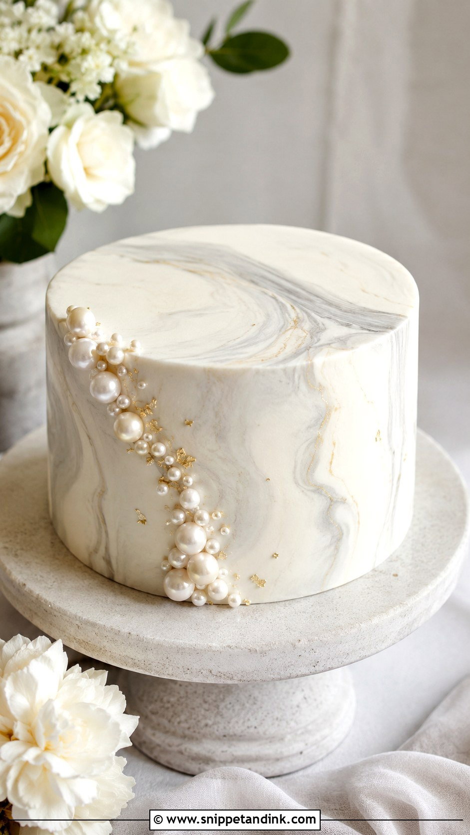 One Tier Pearl Wedding Cake With Marble Finish - Snippet and Ink - 20 One Tier Pearl Wedding Cake Ideas