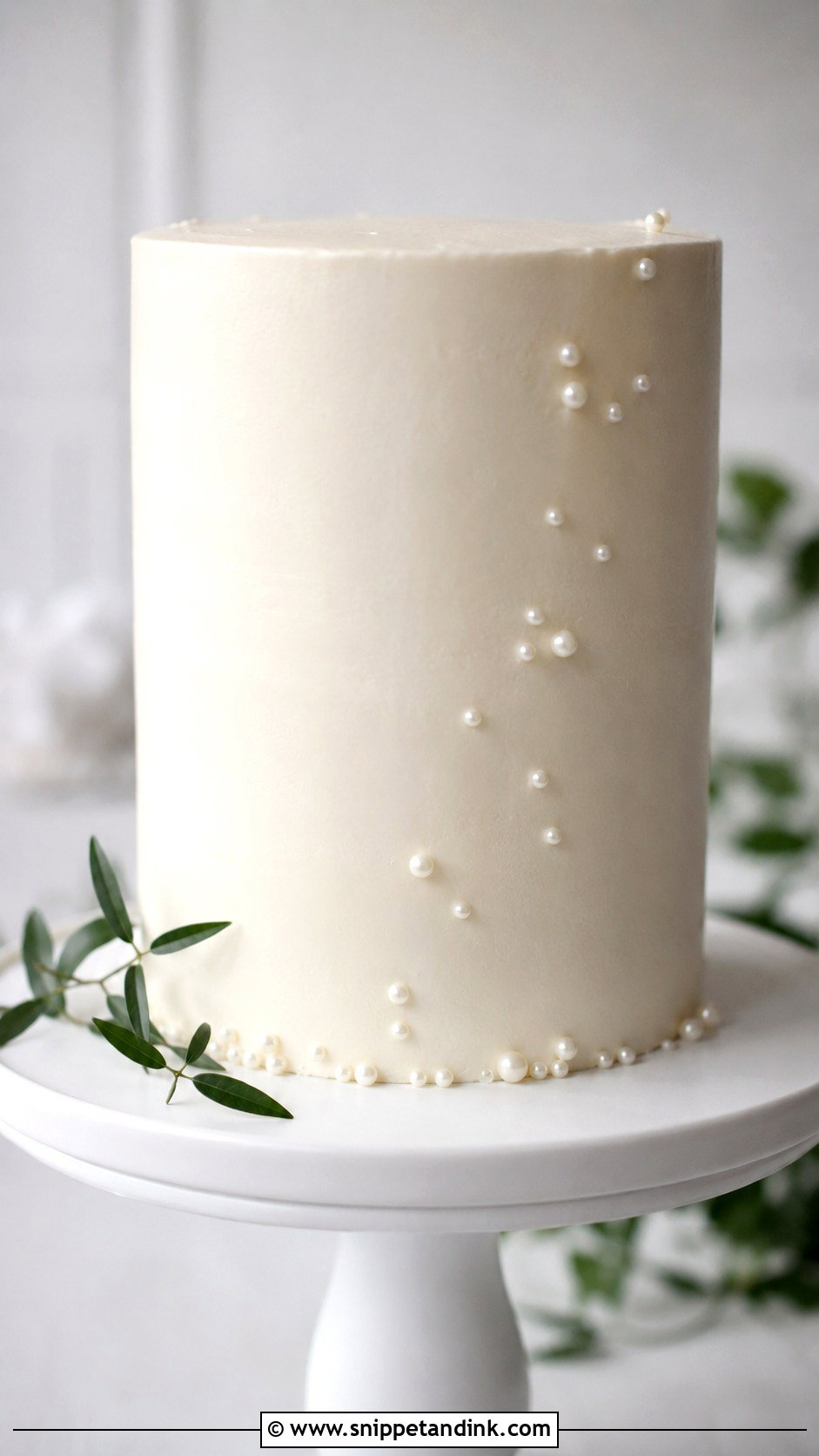 One Tier Pearl Wedding Cake With Minimal Pearls - Snippet and Ink - 20 One Tier Pearl Wedding Cake Ideas