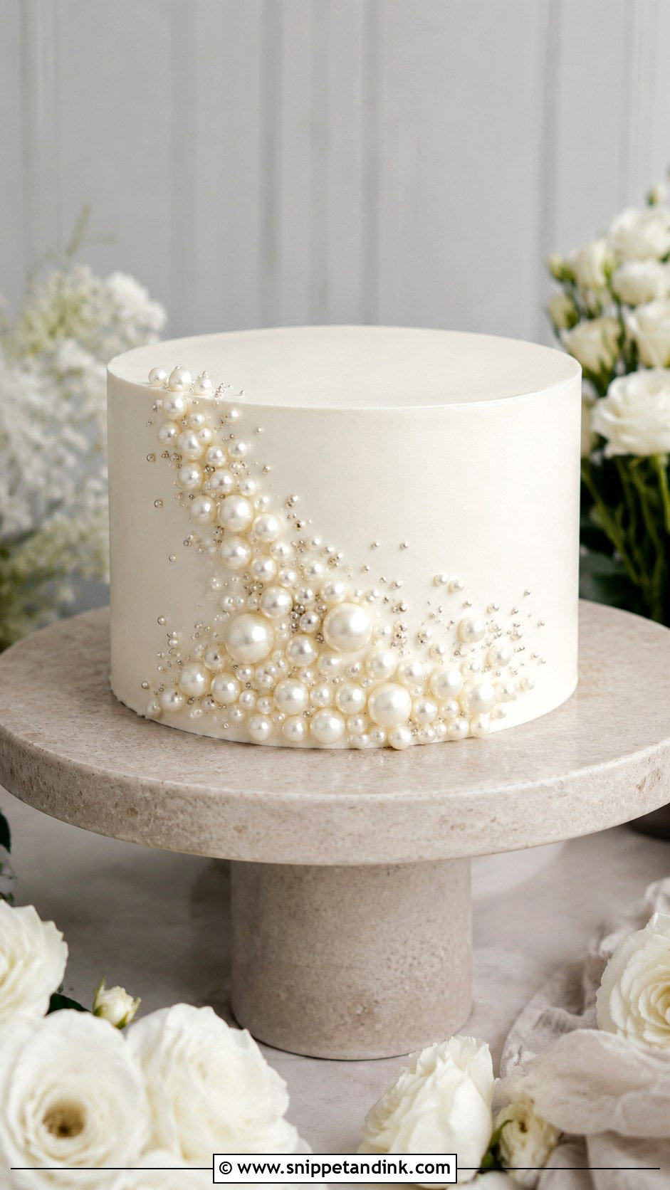 One Tier Pearl Wedding Cake With Orchid Flowers - Snippet and Ink - 20 One Tier Pearl Wedding Cake Ideas
