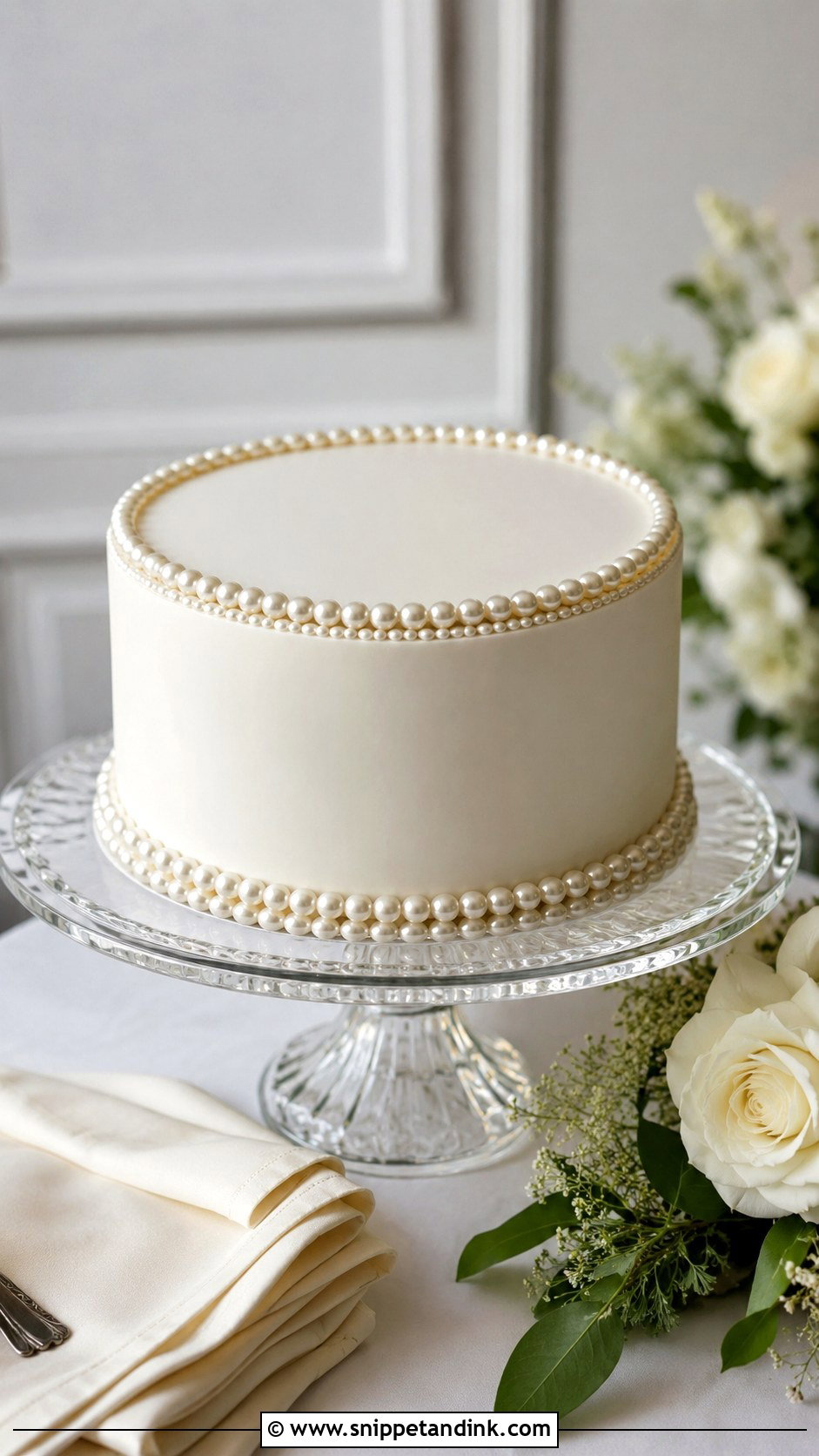 One Tier Pearl Wedding Cake With Pearl Border - Snippet and Ink - 20 One Tier Pearl Wedding Cake Ideas