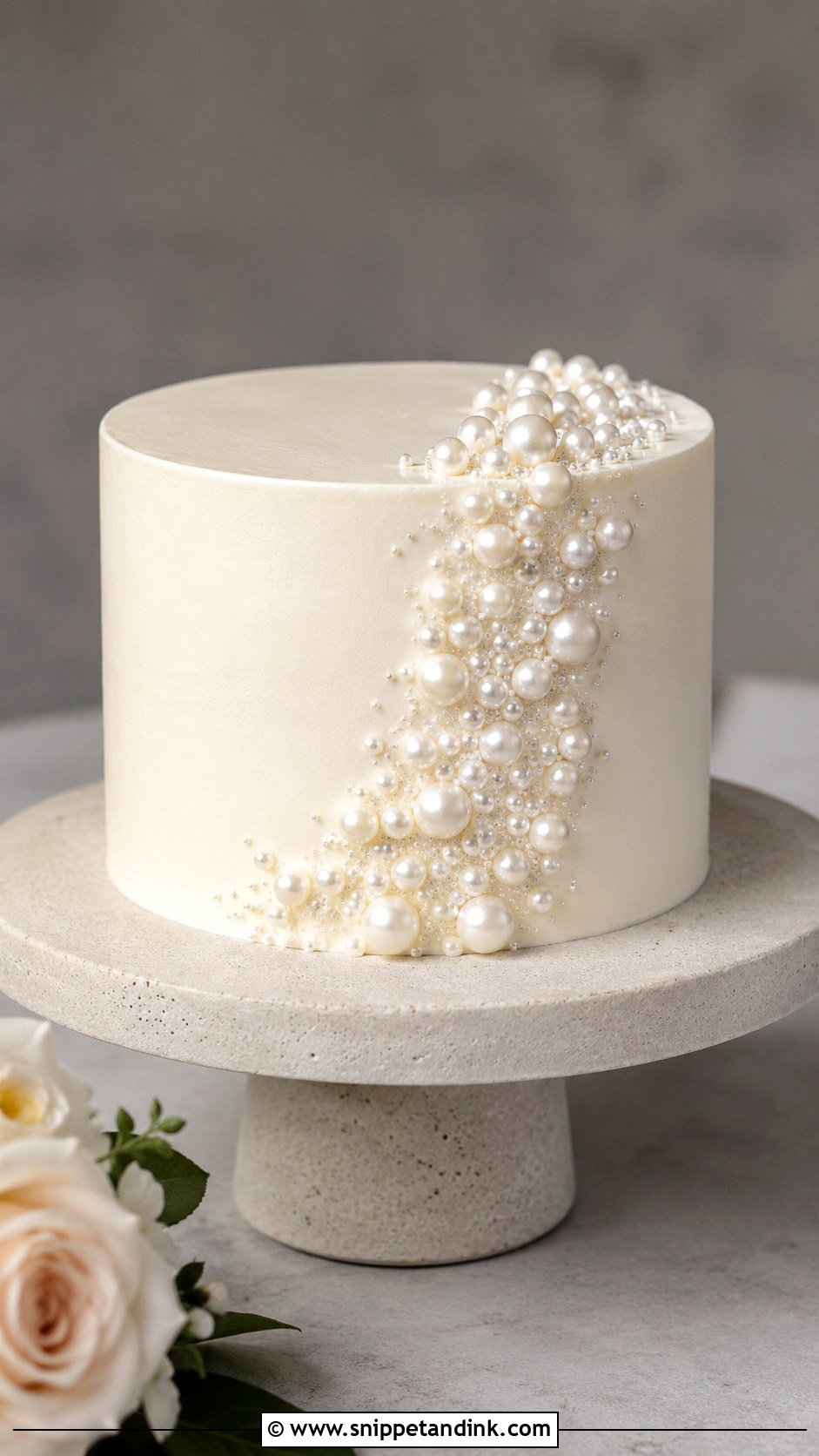 One Tier Pearl Wedding Cake With Pearl Clusters - Snippet and Ink - 20 One Tier Pearl Wedding Cake Ideas