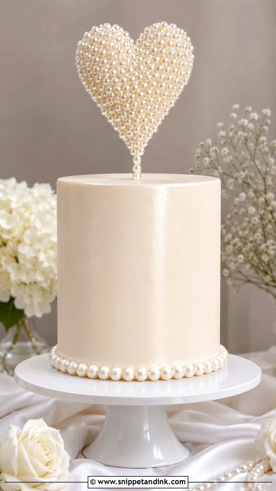 One Tier Pearl Wedding Cake With Pearl Topper - Snippet and Ink - 20 One Tier Pearl Wedding Cake Ideas