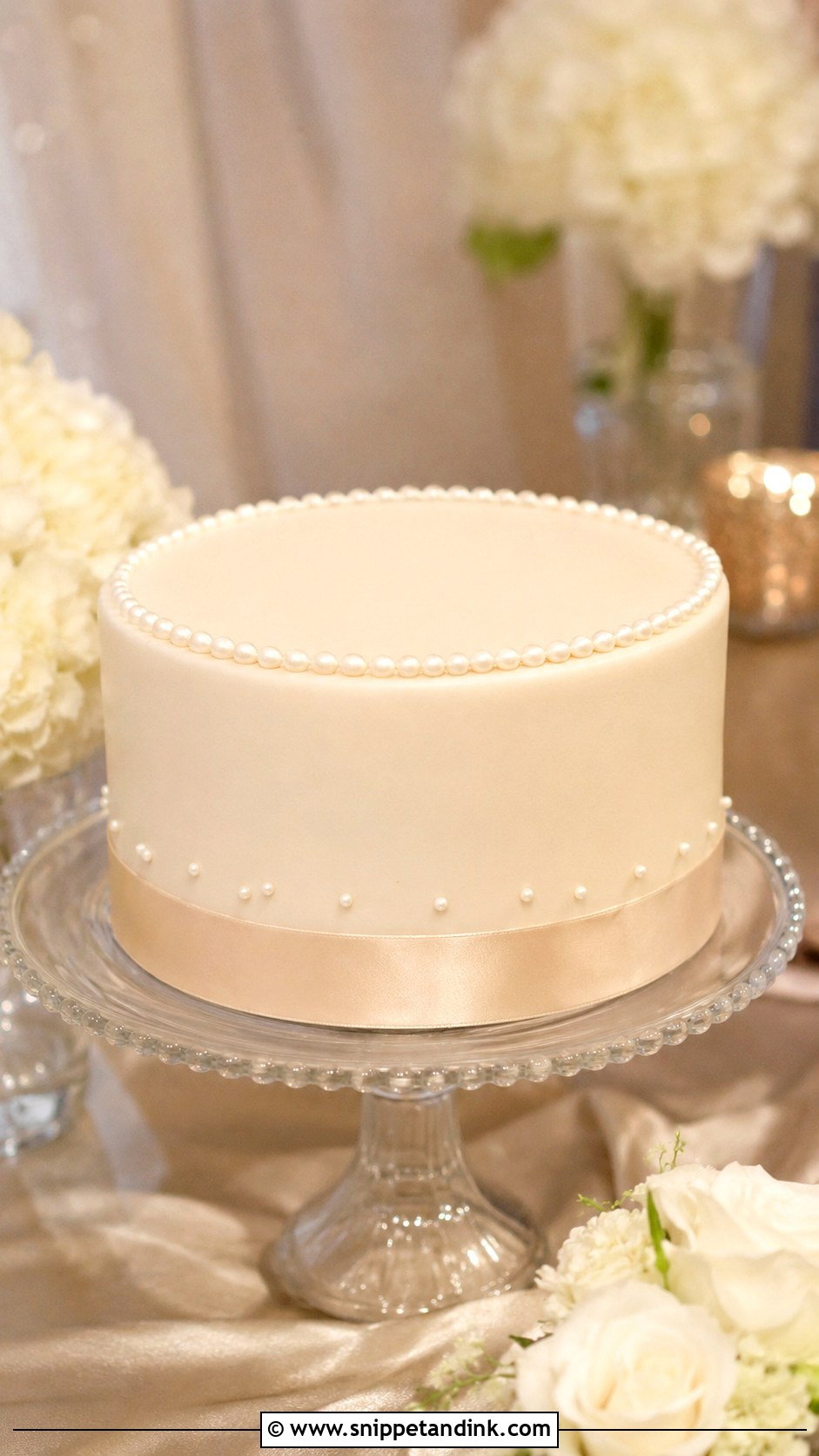 One Tier Pearl Wedding Cake With Satin Ribbon - Snippet and Ink - 20 One Tier Pearl Wedding Cake Ideas