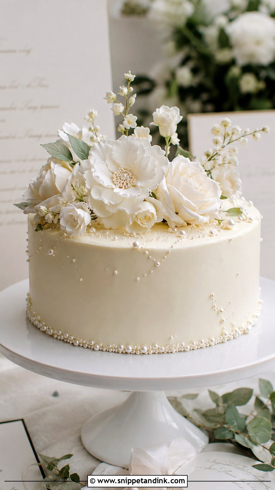 One Tier Pearl Wedding Cake With Sugar Flowers - Snippet and Ink - 20 One Tier Pearl Wedding Cake Ideas