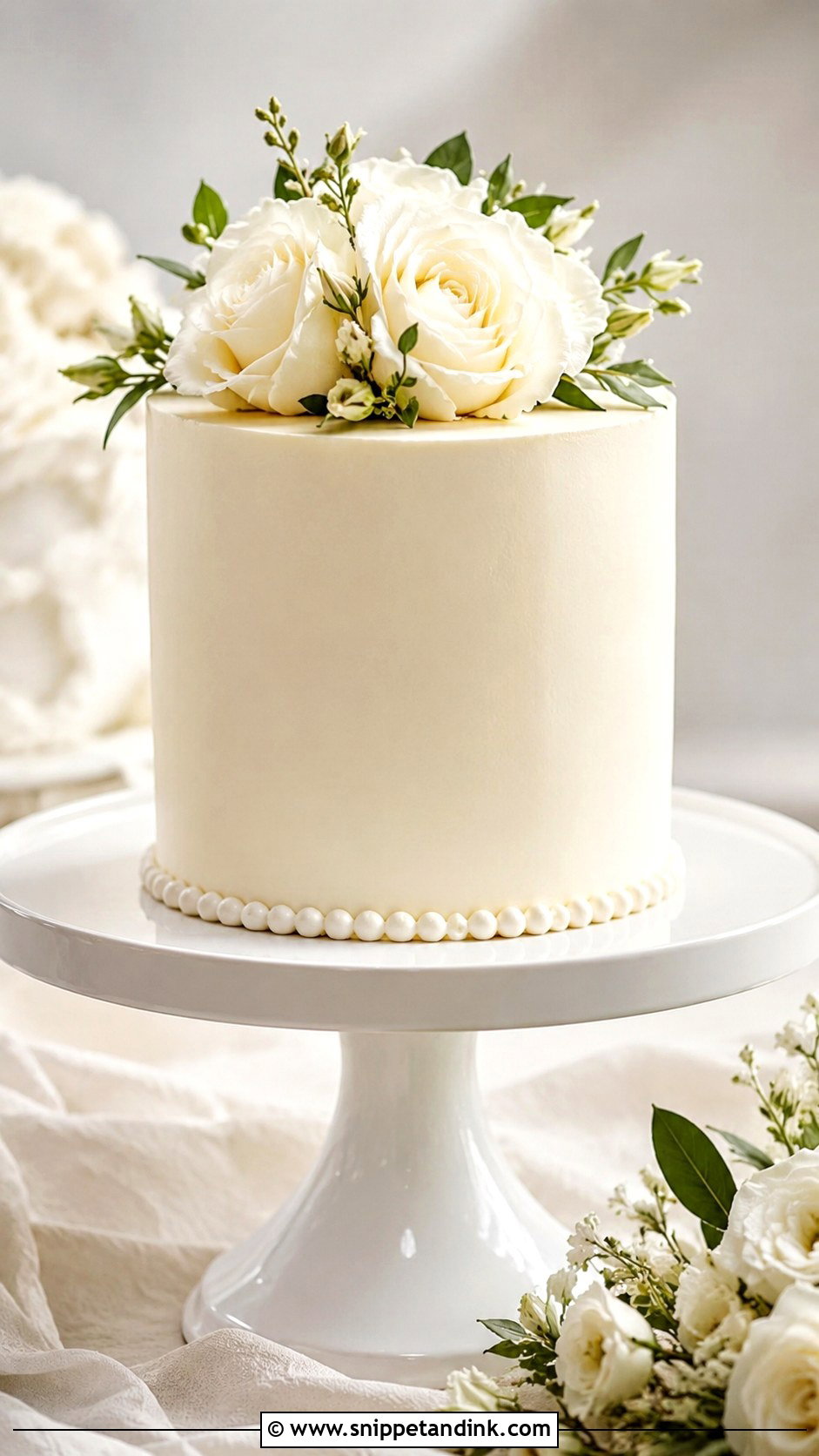 One Tier Pearl Wedding Cake With White Roses - Snippet and Ink - 20 One Tier Pearl Wedding Cake Ideas