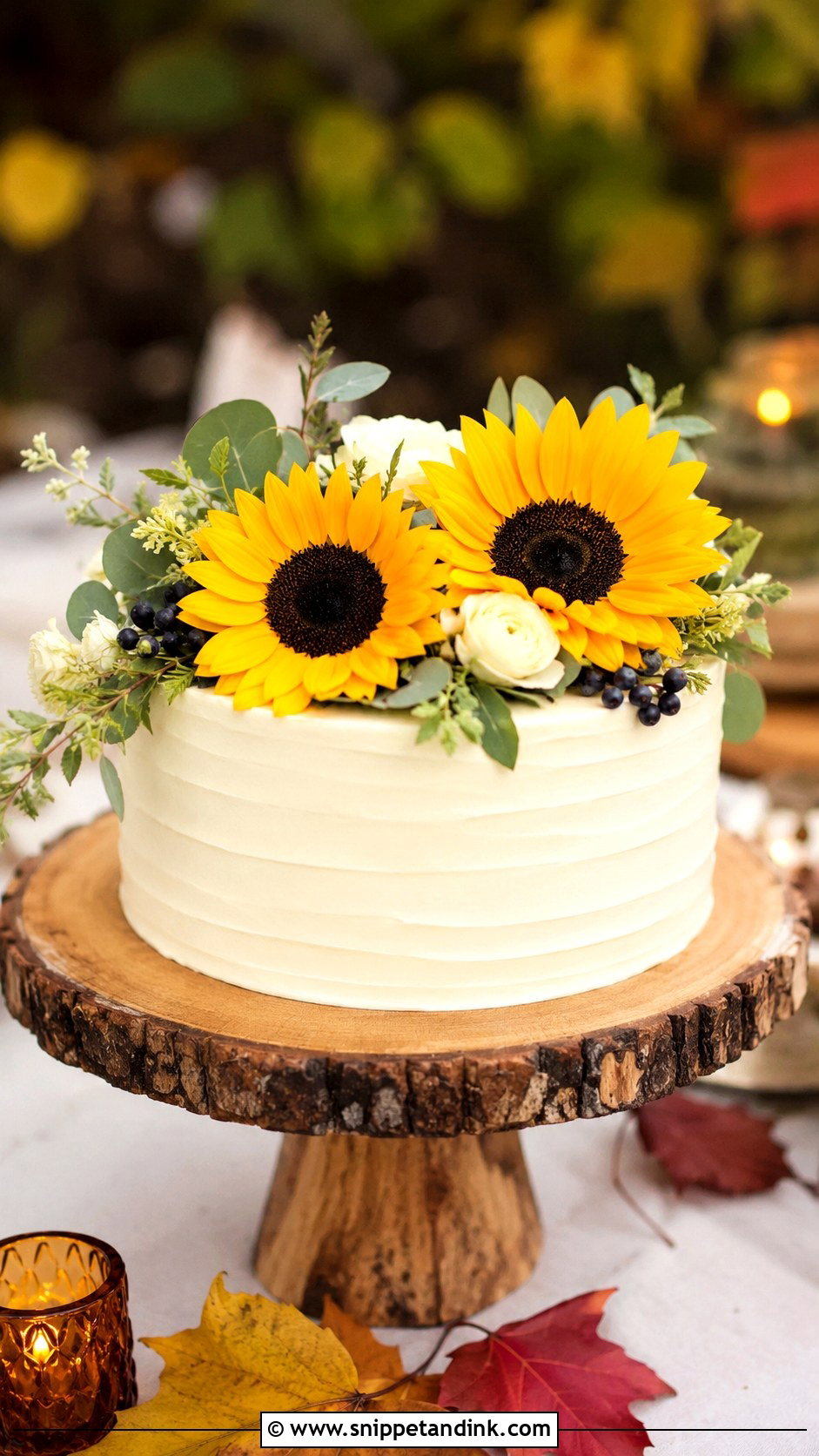 One Tier Sunflower Wedding Cake - Snippet and Ink - 25 One Tier Fall Wedding Cake Ideas