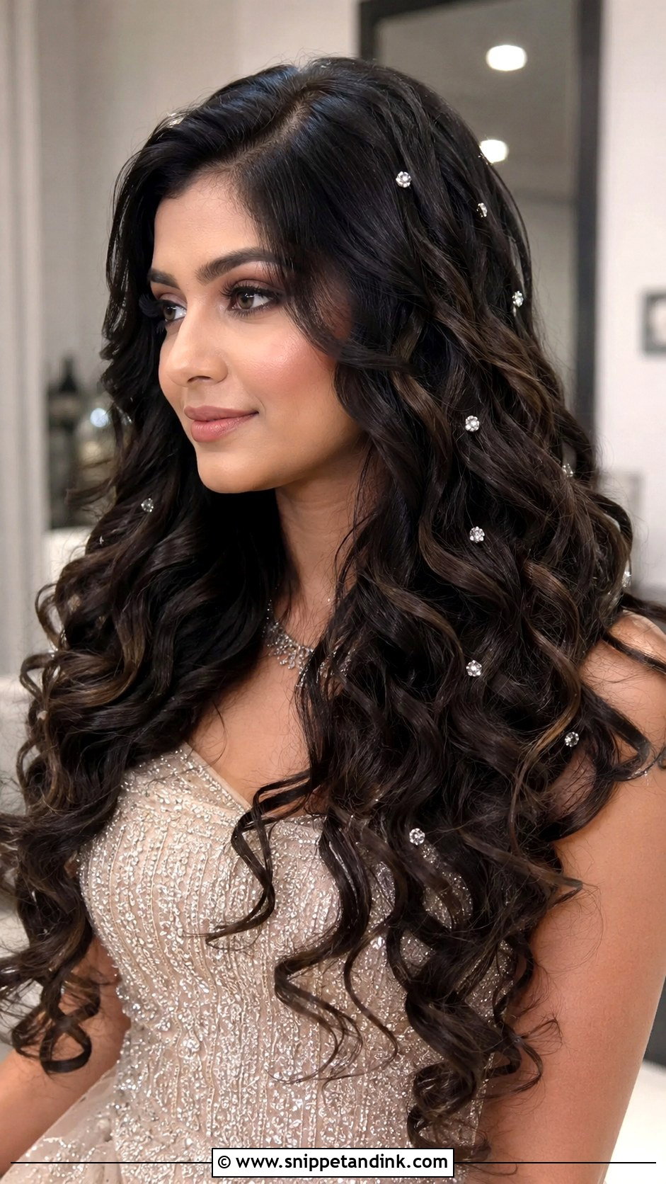 Open Curls With Diamond Pins - Snippet and Ink - 20 Hindu Bridal Hairstyles