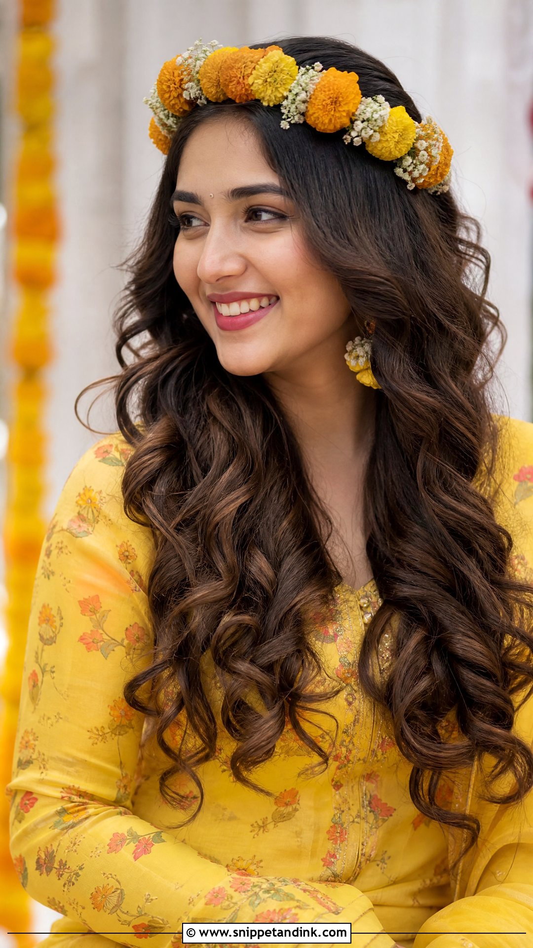 Open Curls With Floral Hairband - Snippet and Ink - 20 Hairstyle for Haldi Bride Ideas