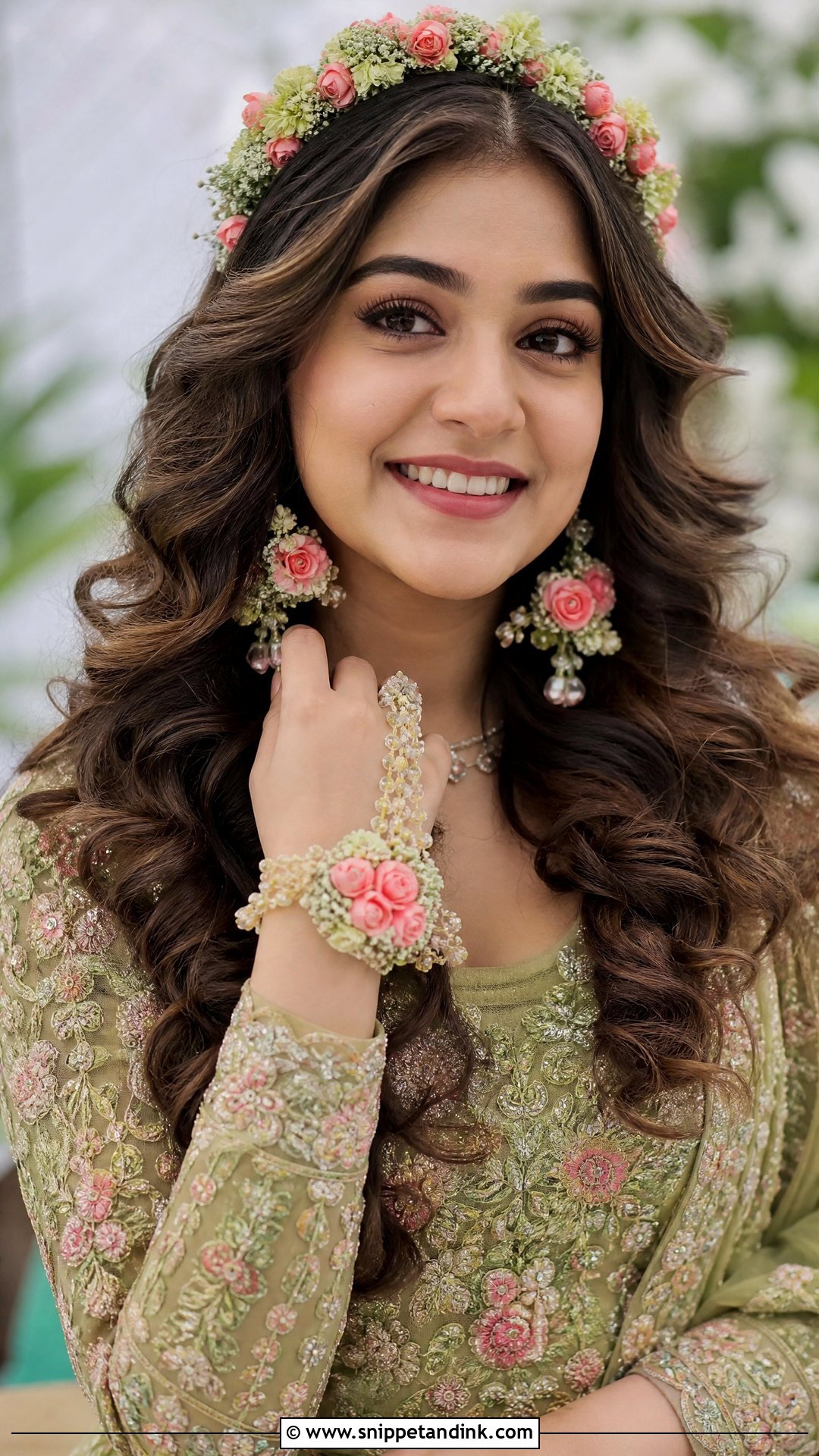 Open Curls With Floral Headband - Snippet and Ink - 20 Bridal Mehndi Hairstyles