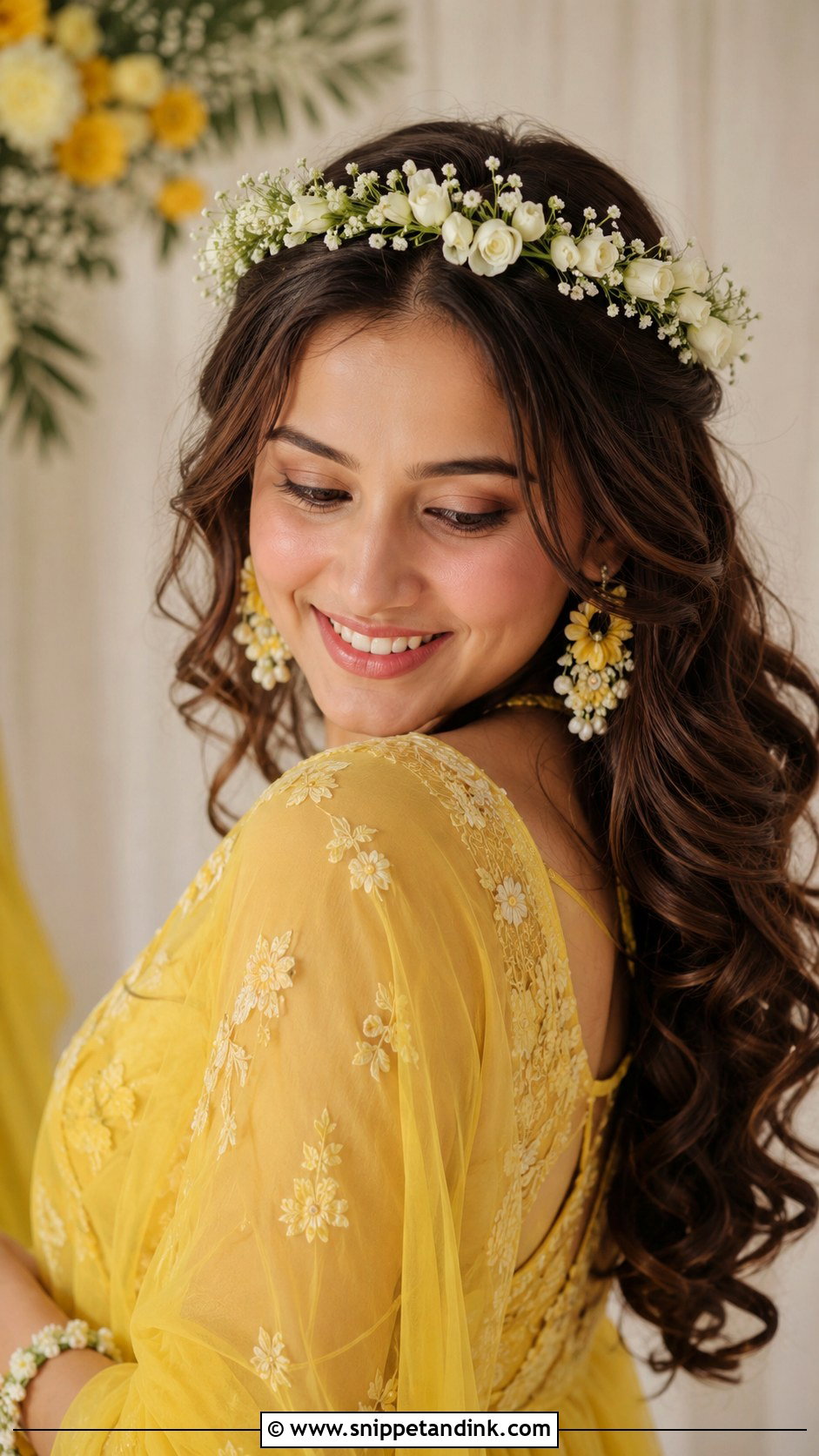 Open Curls With Flower Tiara - Snippet and Ink - 25 Hairstyles for Haldi Ceremony
