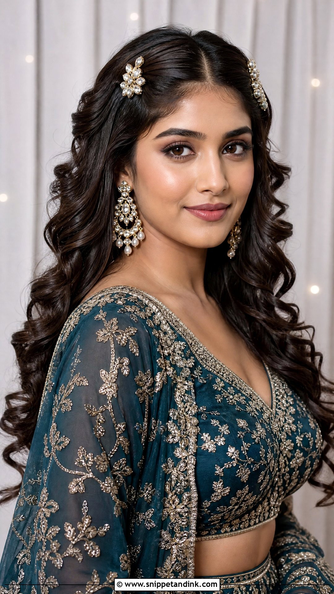 Open Curls With Kundan Hair Pins - Snippet and Ink - 20 Traditional Indian Wedding Hairstyles