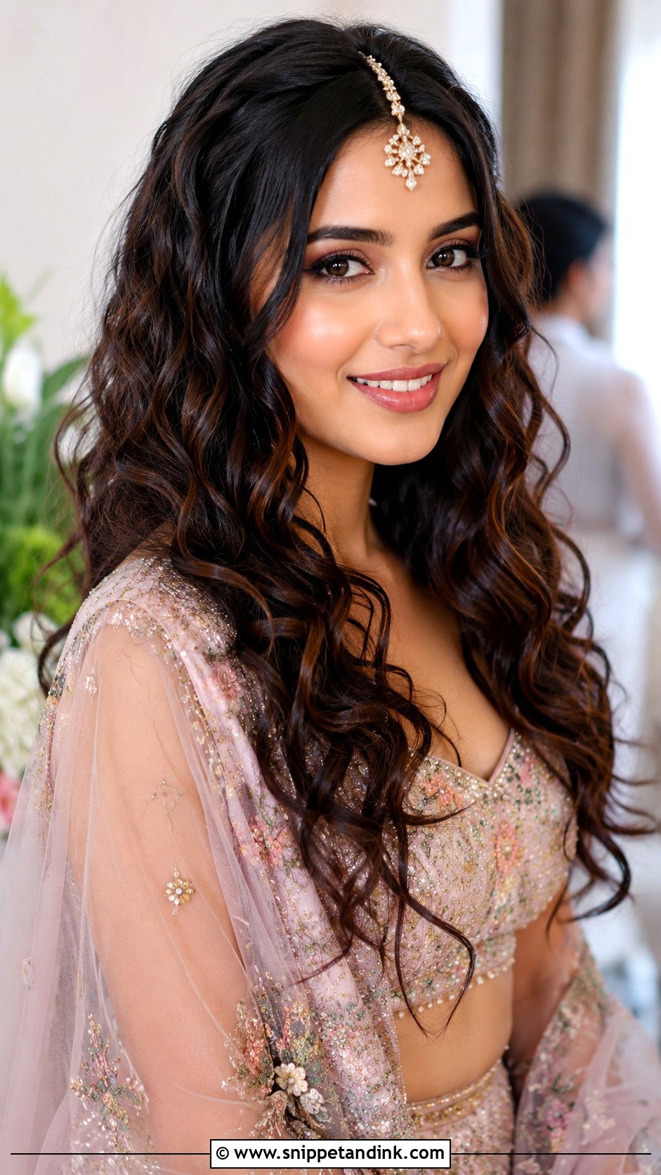 Open Curls With Maang Tika - Snippet and Ink - 30 Sangeet Hairstyles for Bride