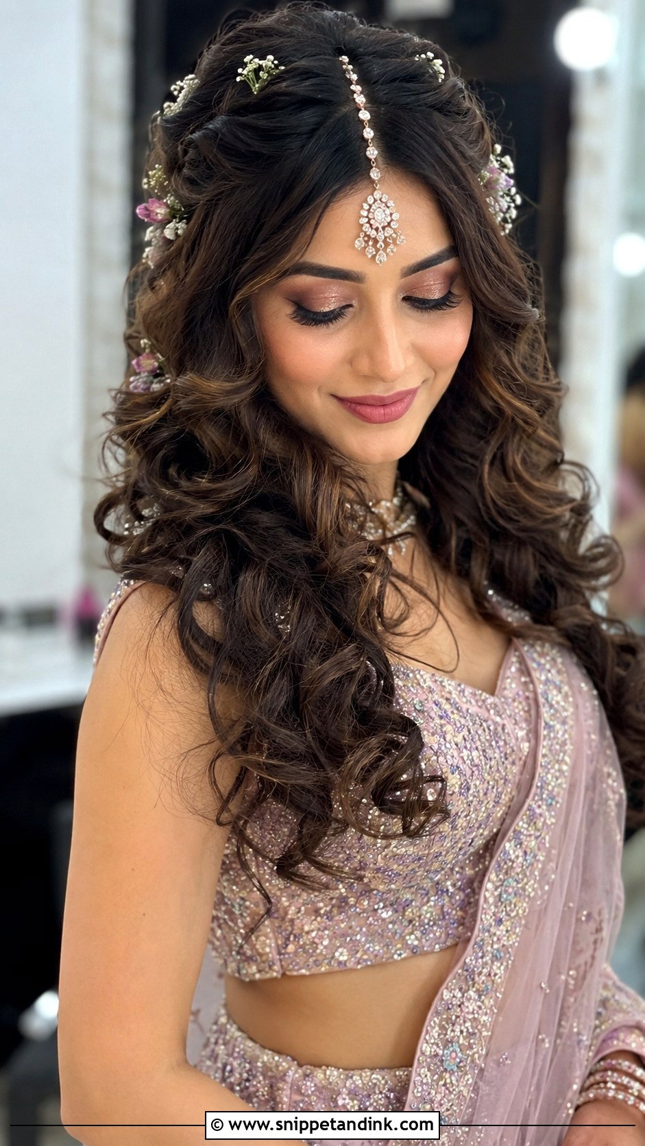 Open Curls With Maang Tikka - Snippet and Ink - 25 Indian Wedding Hairstyles for Long Hair