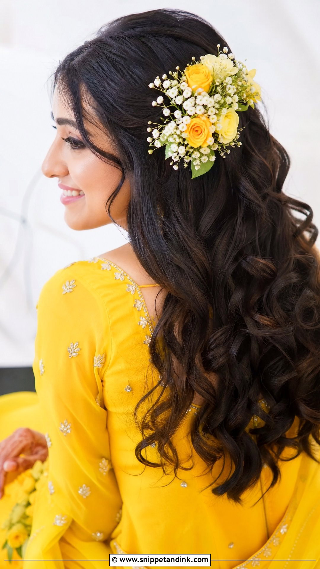 Open Curls With Side Flowers - Snippet and Ink - 20 Haldi Bridal Hairstyle Ideas