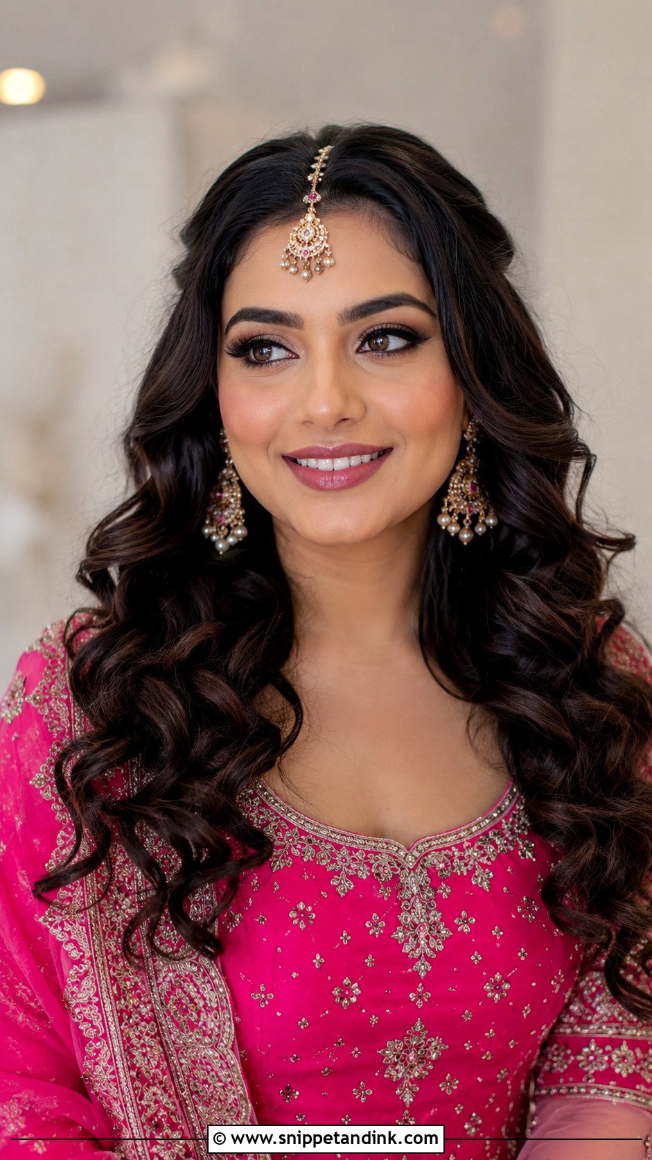 Open Curls with Maang Tikka - Snippet and Ink - 30 Mehndi Hairstyles for Bride