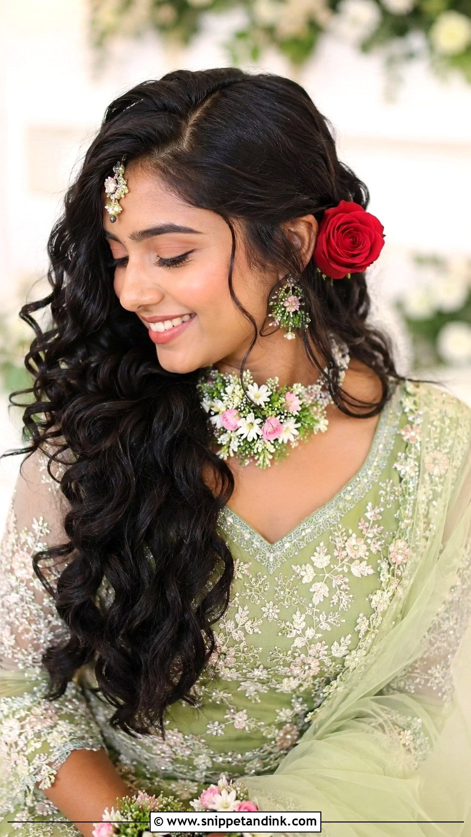 Open Curls with Side Flower Tuck for Indian Wedding - Snippet and Ink - 25 Curls Open Hairstyles Indian Wedding