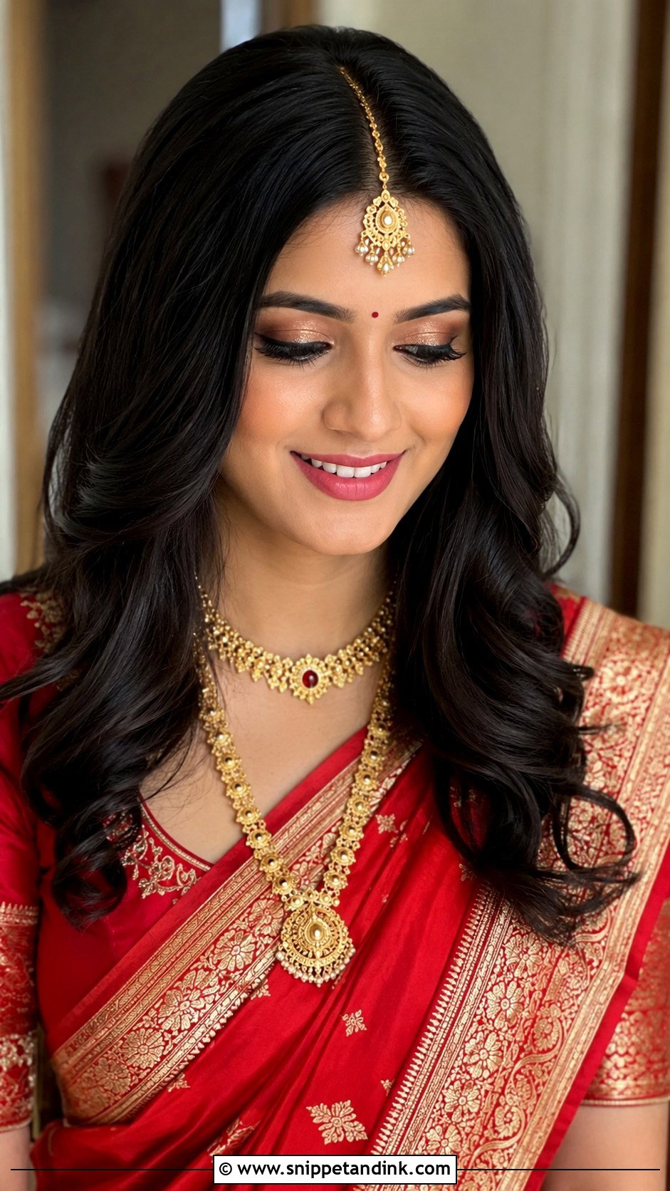 Open Hair Bridal Hairstyle With Center Part - Snippet and Ink - 20 Indian Open Hair Bridal Hairstyles
