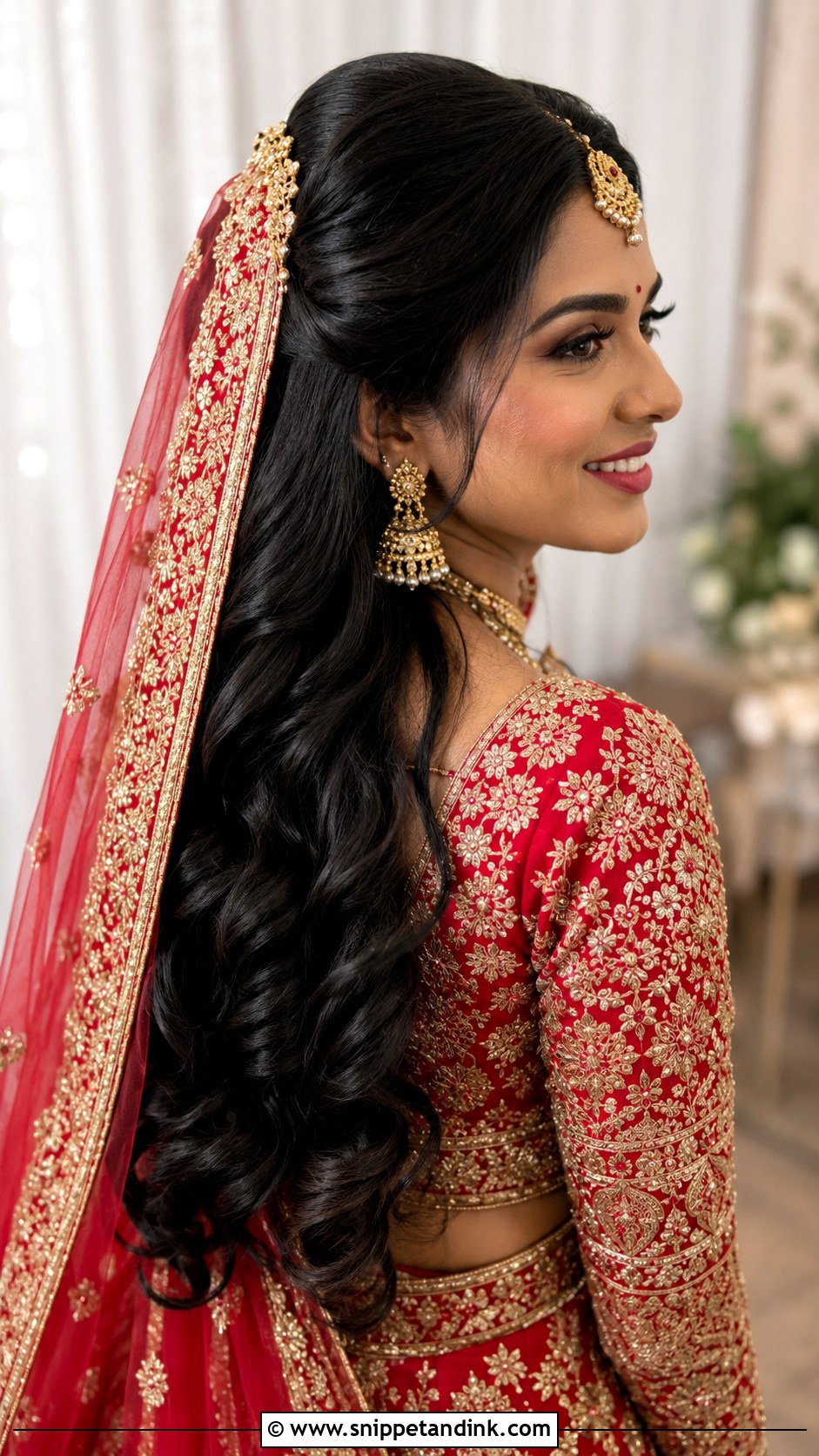 Open Hair Bridal Hairstyle With Dupatta - Snippet and Ink - 20 Indian Open Hair Bridal Hairstyles