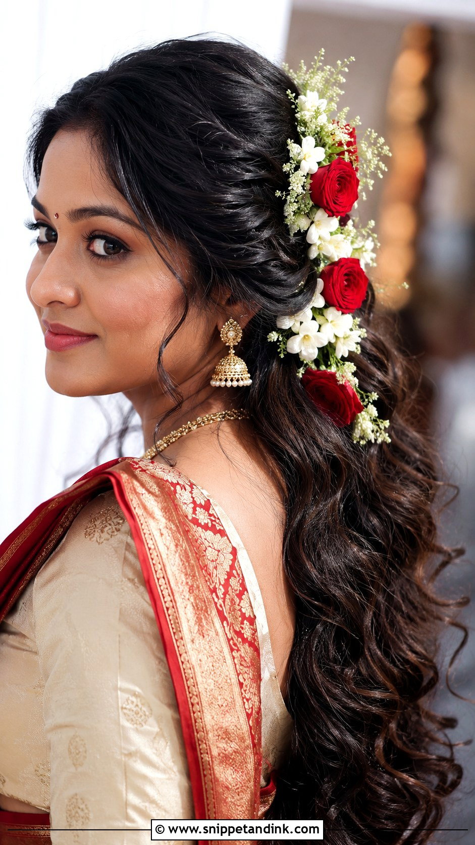 Open Hair Bridal Hairstyle With Fresh Flowers - Snippet and Ink - 20 Indian Open Hair Bridal Hairstyles