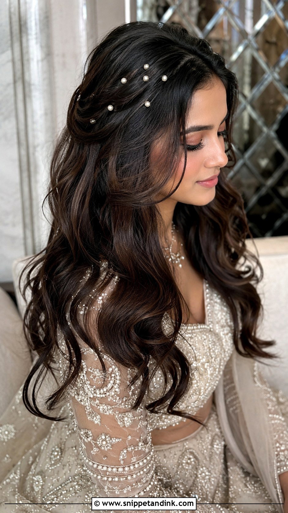 Open Hair Bridal Hairstyle With Pearl Pins - Snippet and Ink - 20 Indian Open Hair Bridal Hairstyles