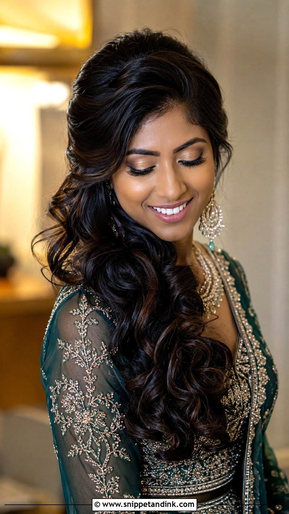 Open Hair Bridal Hairstyle With Side Swept Curls - Snippet and Ink - 20 Indian Open Hair Bridal Hairstyles