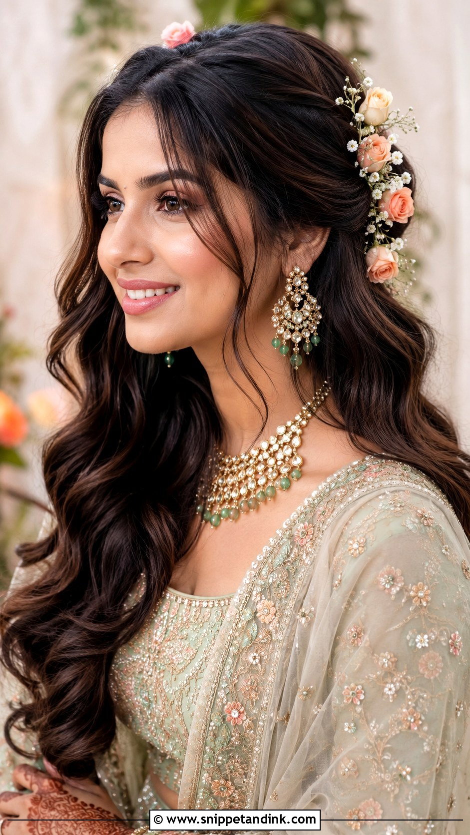Open Hair Indian Bride Look With Floral Pins - Snippet and Ink - 15 Open Hair Indian Bride Look Ideas