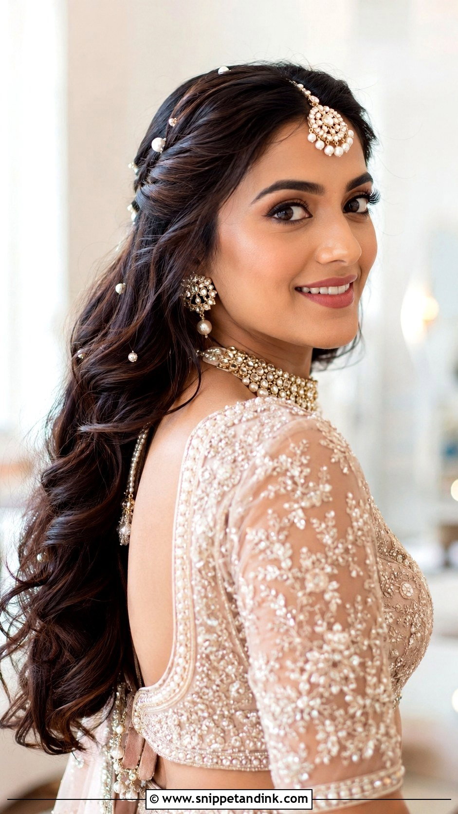 Open Hair Indian Bride Look With Pearl Accessories - Snippet and Ink - 15 Open Hair Indian Bride Look Ideas