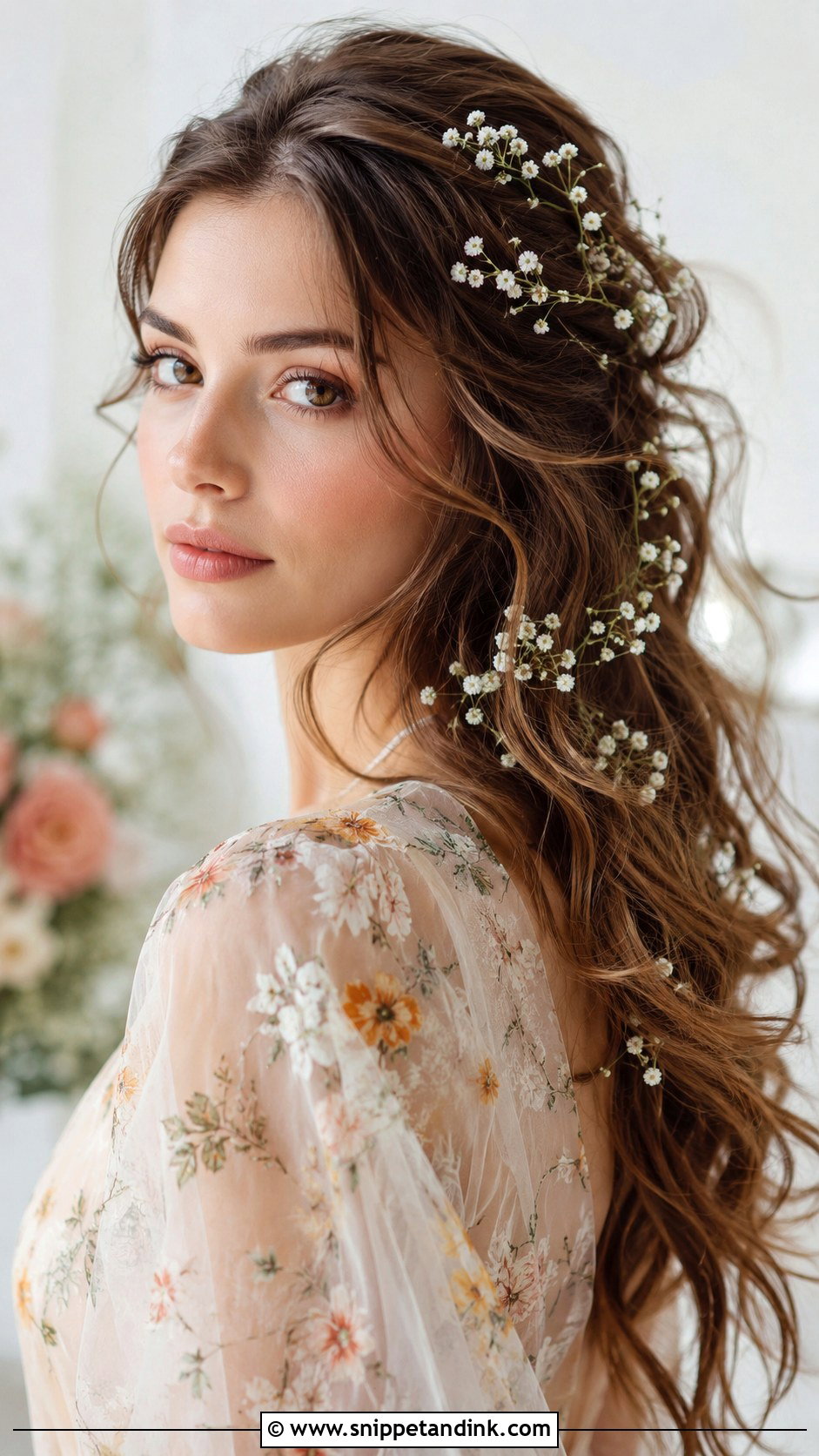 Open Hair With Babys Breath - Snippet and Ink - 30 Open Hairstyles for Engagement