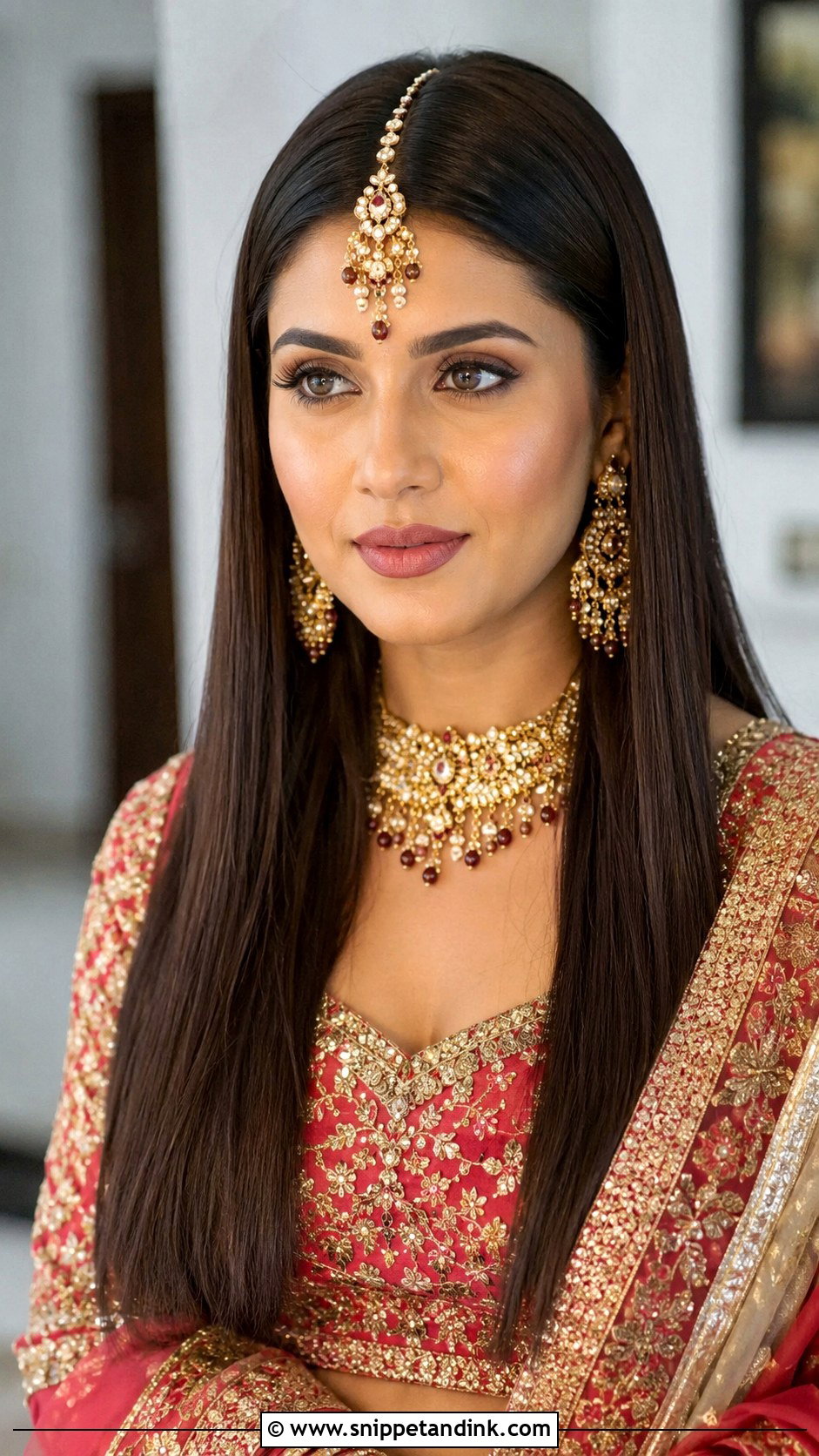 Open Hair With Center Maang Tikka and Straight Strands - Snippet and Ink - 25 Indian Bridal Open Hairstyles