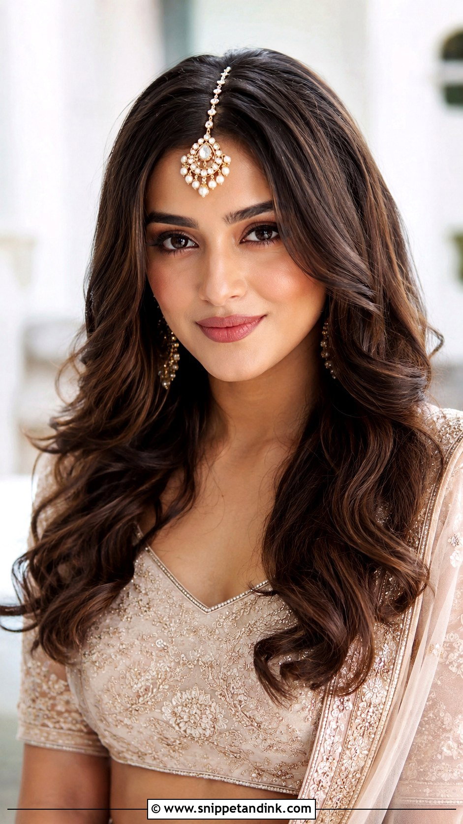 Open Hair With Curls And Maang Tikka - Snippet and Ink - 25 Indian Wedding Guest Hairstyles