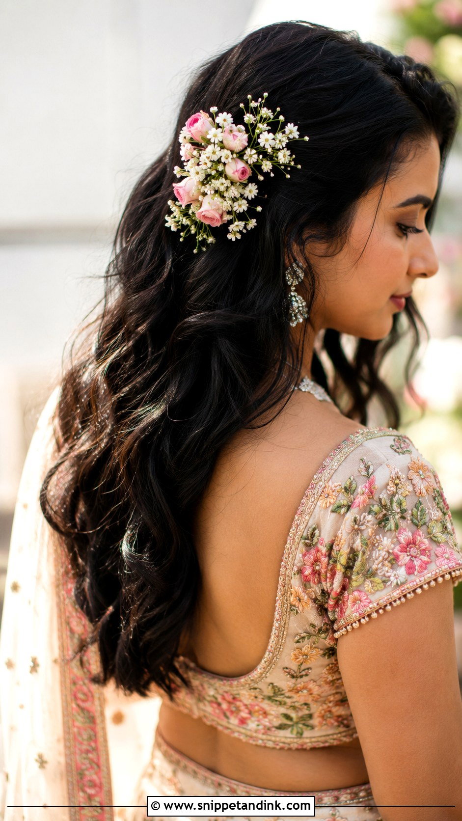 Open Hair With Floral Accessories - Snippet and Ink - 15 Open Hair Indian Wedding Bridal Hairstyle Ideas