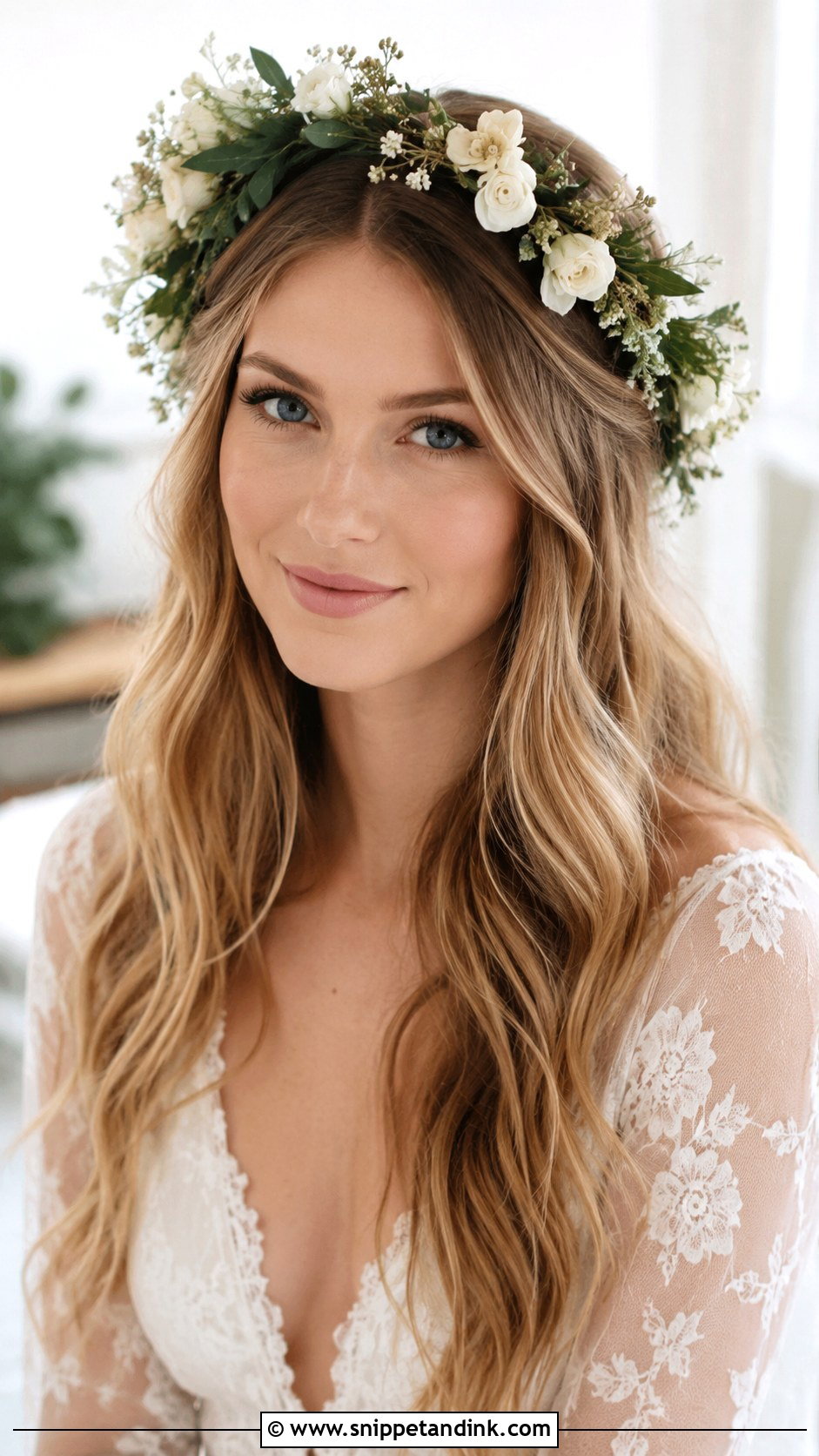 Open Hair With Floral Crown - Snippet and Ink - 25 Bridal Open Hairstyles