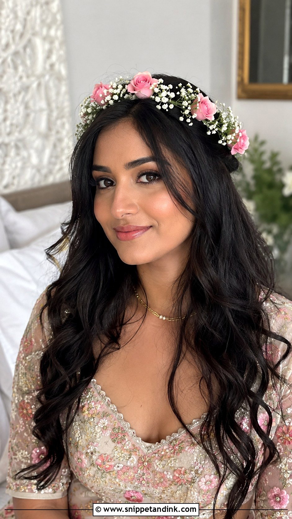 Open Hair With Floral Crown - Snippet and Ink - 20 Indian Open Hair Bridal Look Ideas
