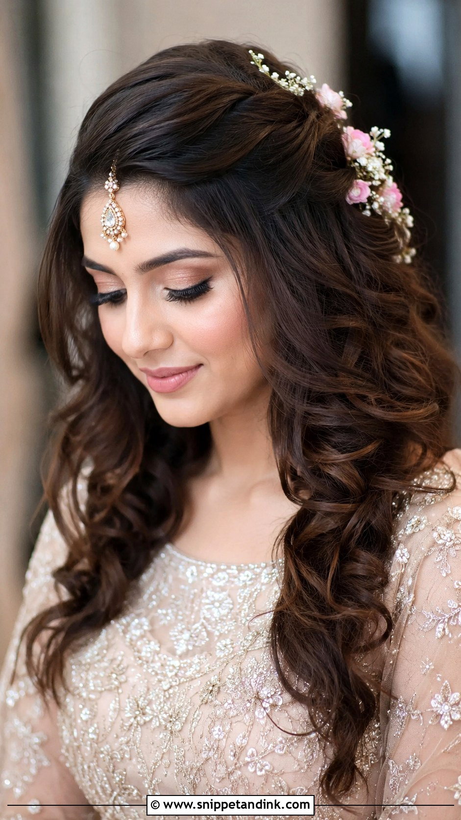Open Hair With Floral Pins - Snippet and Ink - 25 Hindu Bride Hairstyle Ideas