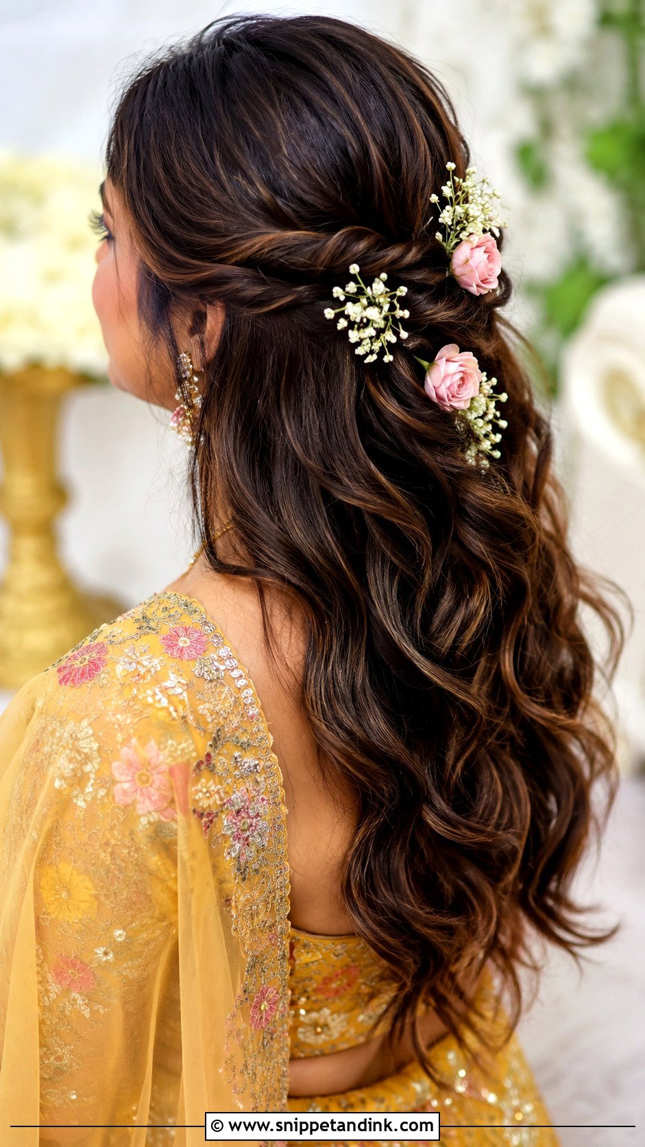 Open Hair With Floral Pins - Snippet and Ink - 15 Open Hairstyles Indian Wedding Bride