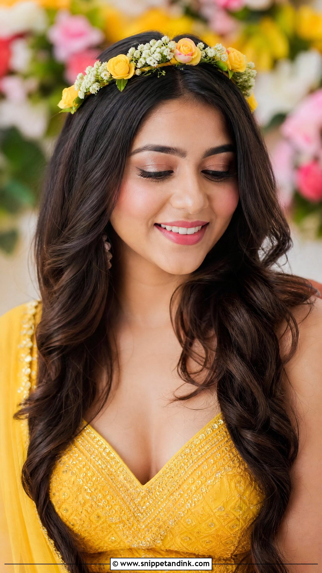 Open Hair With Floral Tiara - Snippet and Ink - 20 Hairstyle for Haldi Bride Ideas