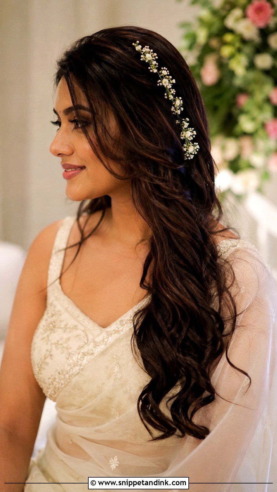 Open Hair With Flower Strand - Snippet and Ink - 30 Open Hairstyles for Engagement