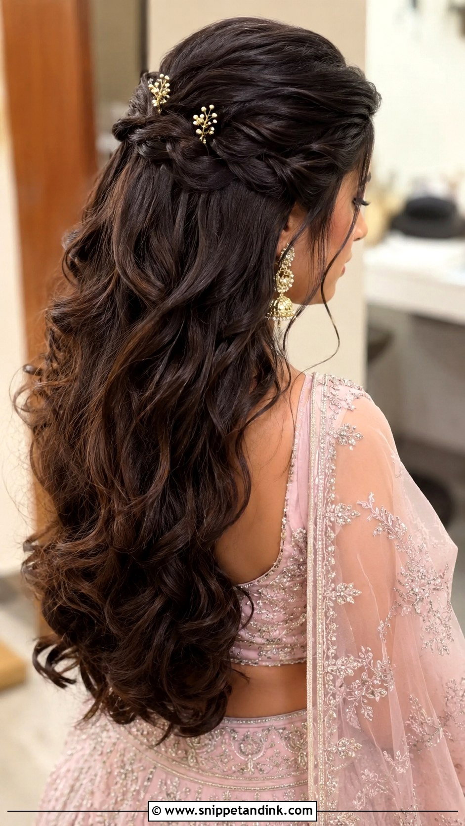 Open Hair With Half Crown Twist - Snippet and Ink - 15 Open Hair Indian Wedding Bridal Hairstyle Ideas