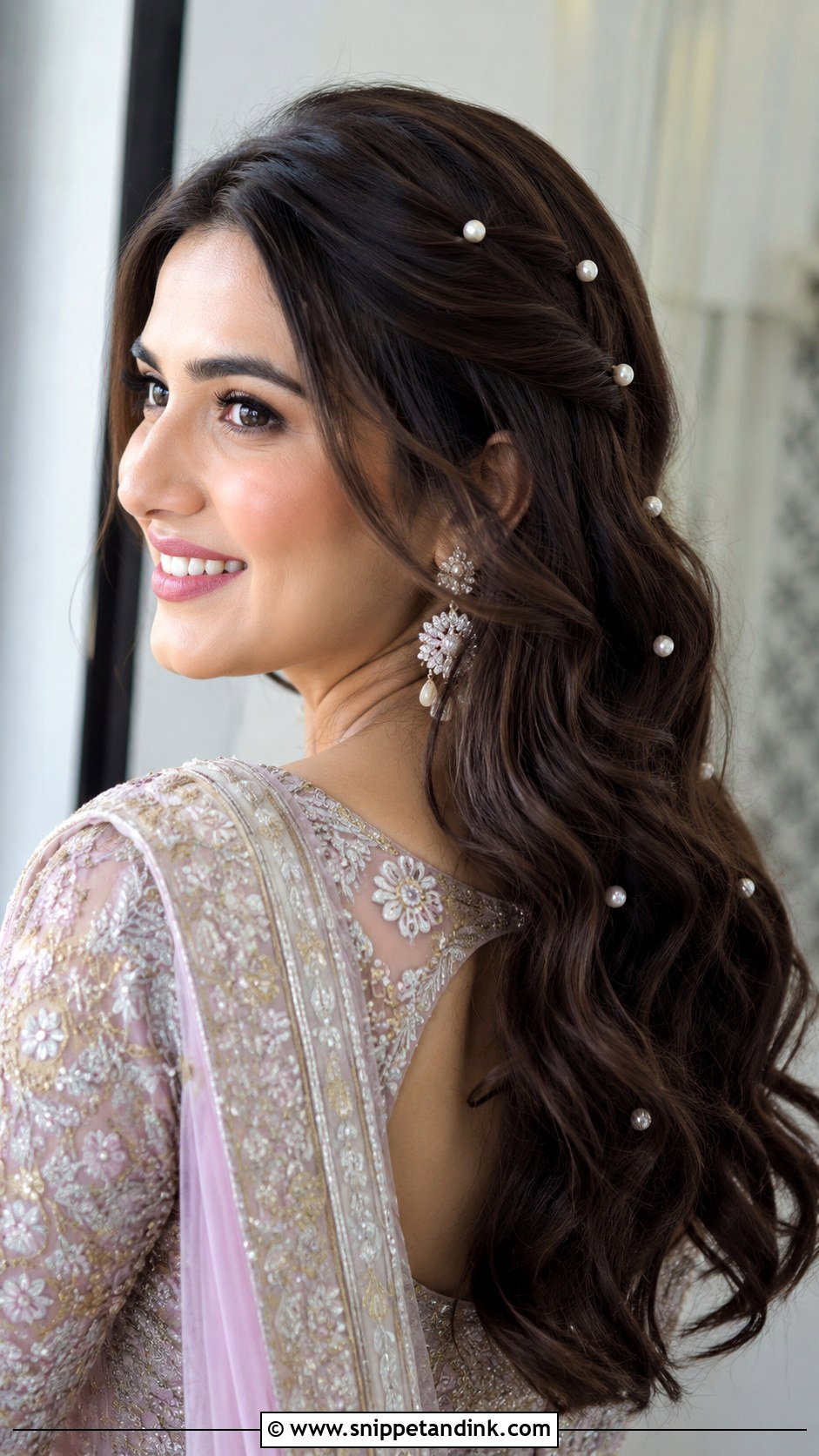 Open Hair With Pearl Accents - Snippet and Ink - 25 Indian Wedding Open Hair Hairstyles