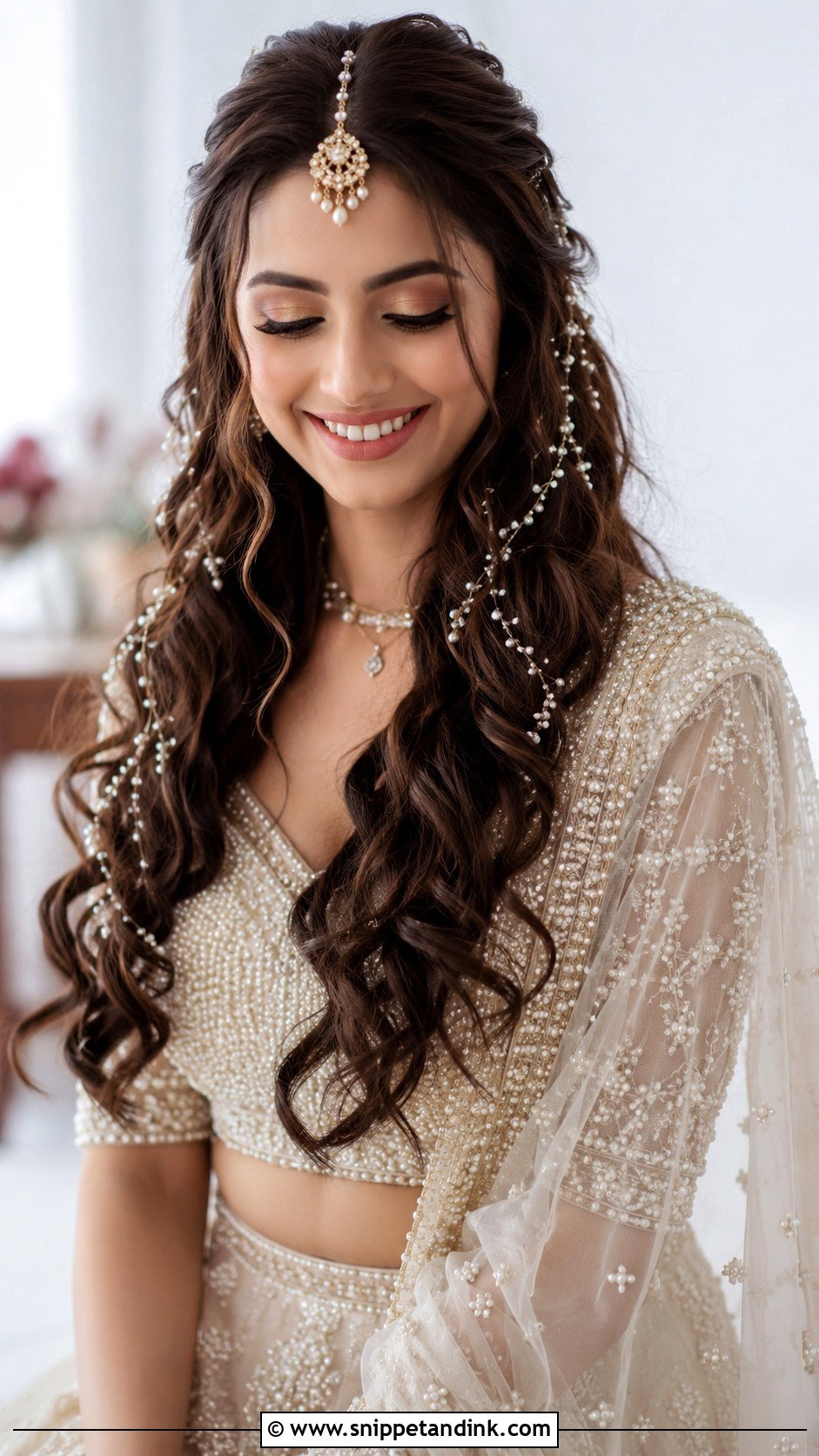 Open Hair With Pearl Accessories - Snippet and Ink - 20 Indian Open Hair Bridal Look Ideas