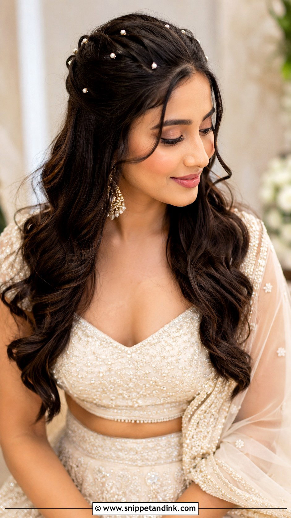 Open Hair With Pearl Pins - Snippet and Ink - 15 Open Hair Indian Wedding Bridal Hairstyle Ideas