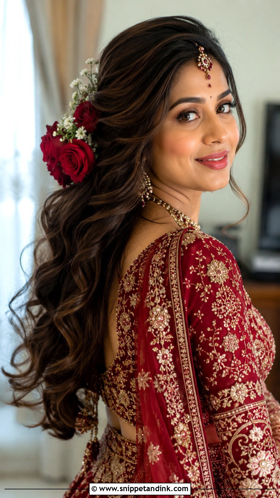 Open Hair With Rose Accents - Snippet and Ink - 25 Indian Wedding Open Hair Hairstyles