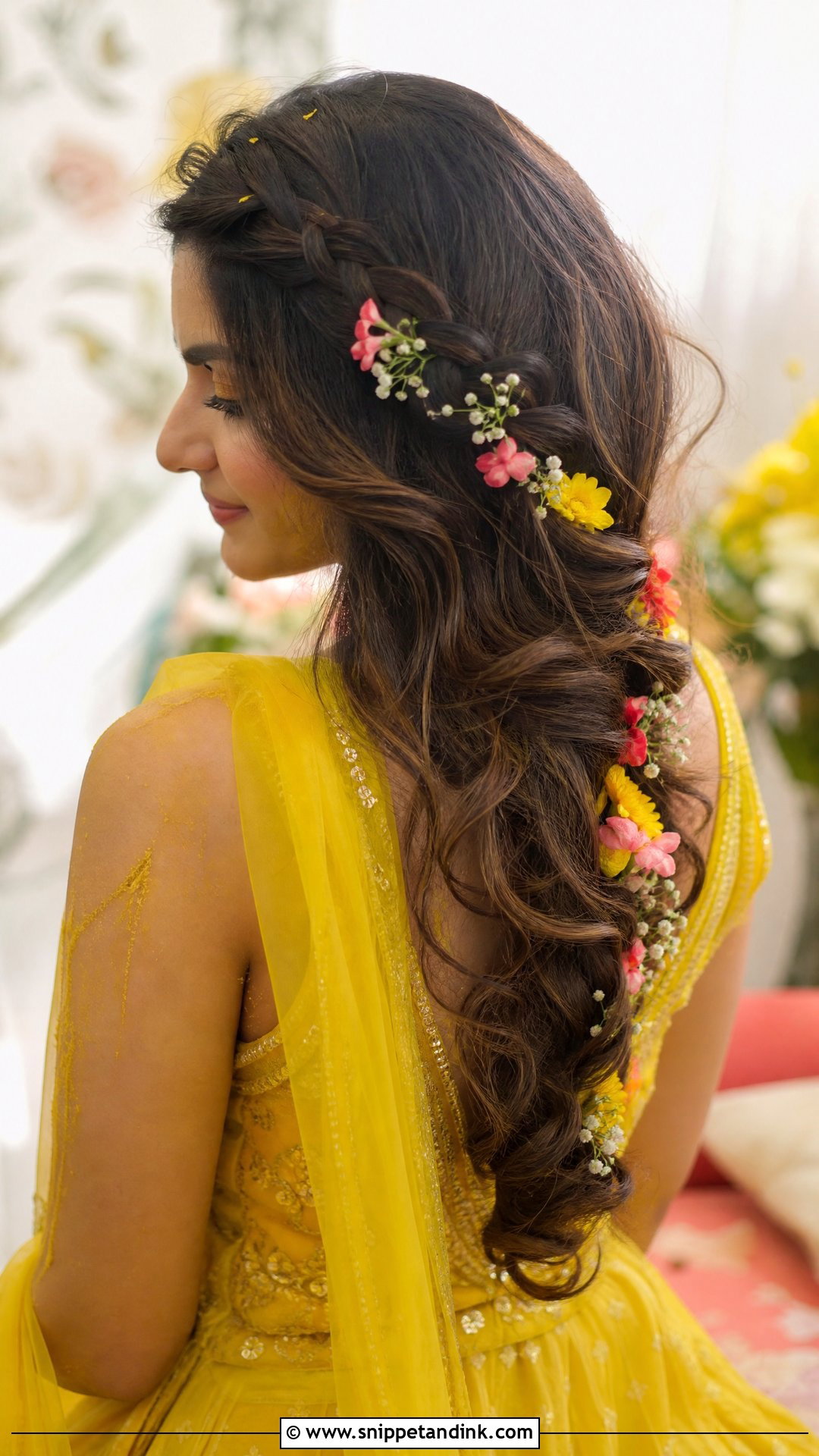 Open Hair With Side Braid And Flowers - Snippet and Ink - 20 Open Hairstyle for Wedding Functions Ideas