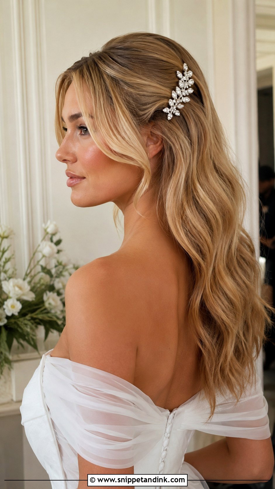 Open Hair With Statement Hair Clip - Snippet and Ink - 25 Open Hair Bride Ideas