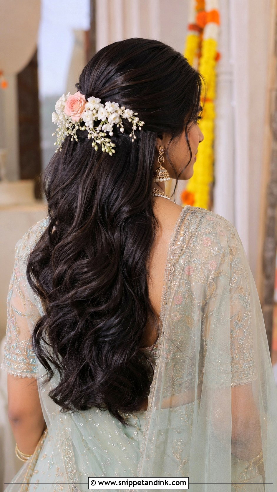 Open Hair with Floral Pins - Snippet and Ink - 25 South Indian Bride Muhurtham Hairstyle Ideas
