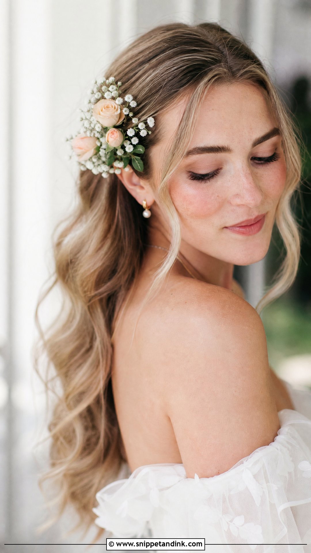 Open Hair with Fresh Flowers Tucked In - Snippet and Ink - 20 Open Hair Bridal Hairstyles